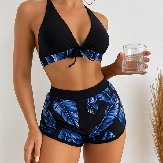 2X1 Bikini top y short de lycra estampada mas lentes de regalo
