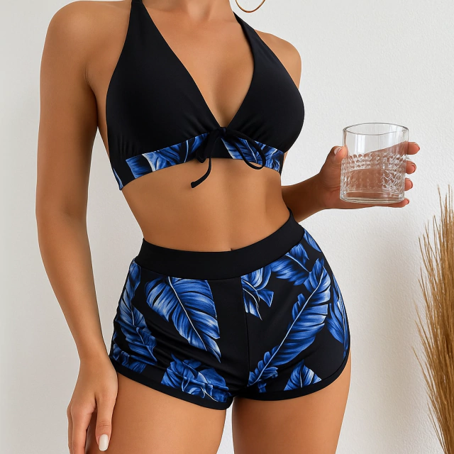 2X1 Bikini top y short de lycra estampada mas lentes de regalo