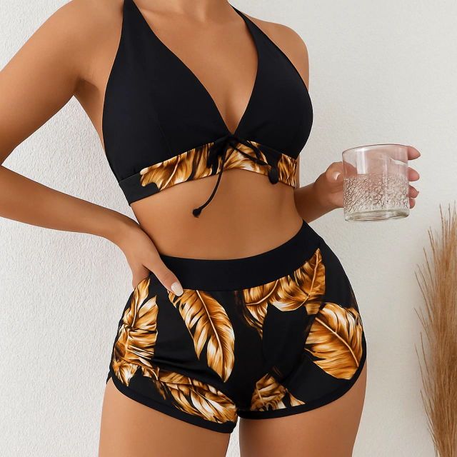 2X1 Bikini top y short de lycra estampada mas lentes de regalo
